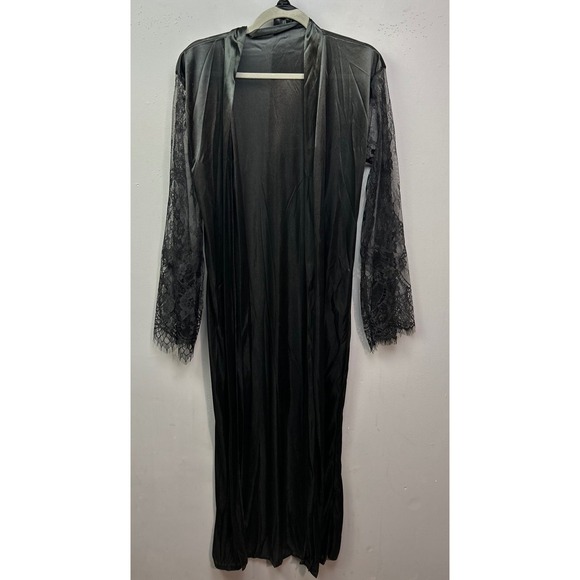 Black Satin Lace Kimono Robe Long Full Sleeve Maxi Duster Womens Large - Picture 2 of 9